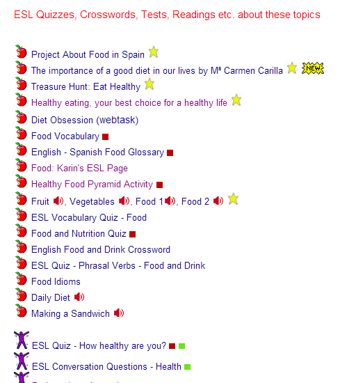 Healthy Food & Life : ESL Quizzes, Crosswords, Tests, Readings etc. about these topics  SOURCE: isabelperez.com