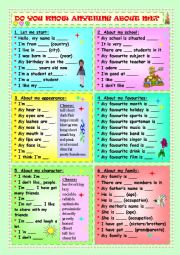 Do You Know Anything About Me? Six exercises helping students to introduce themselves and give additional information.