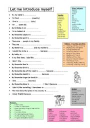 Whole page with prompts for speaking practice - can be used for either introducing oneself to the whole group or as an interview exercise. This ws can be used as a whole class activity: give students some time to prepare their answers. Then can can individually introduce themselves to the whole class. Alternatively, they can make up all the information and use it for a pair work interview. This ws comes in both colour and black and white.