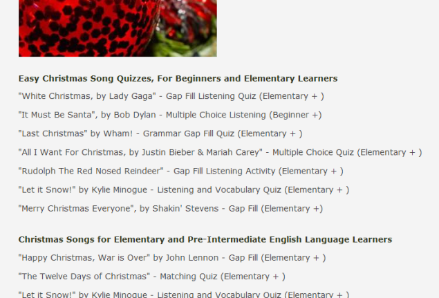 Christmas Songs- Online activities (SOURCE: esolcourses.com)