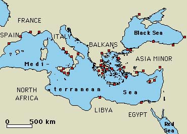 map of some cities which sent competitors to the Olympics in the 5th century B.C.