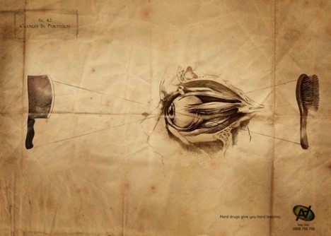 “Hard drugs give you hard lessons.” Three print ads from the Romanian Agenţia Naţională Antidrog (National Anti-drug Agency) showing the way how drugs changes our perception. (SOURCE: osocio.org)