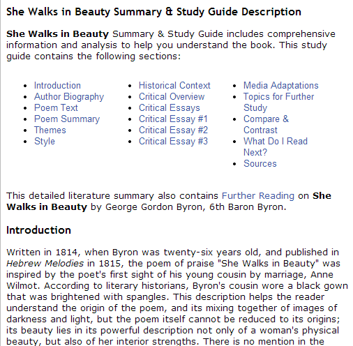 She Walks in Beauty Summary & Study Guide Description (SOURCE: bookrags.com)