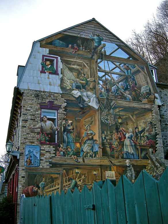 Neptune InnAt the foot of Escalier Casse-Cou (Breakneck Steps) and along one of the oldest streets in North America, is Fresque du Petit Champlain, a trompe l'oeil depicting milestones in the history of Cap-Blanc, Quebec City's working-class waterfront neighbourhood, from the beginnings of New France until the present day. CLICK TO ENLARGE
