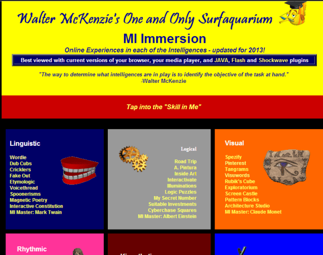 Activities according to the different types of intelligences (SOURCE: surfaquarium.com)