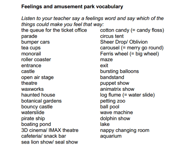 Feelings and amusement park vocabulary-DOWNLOAD WORKSHEET (SOURCE: tefltastic.files.wordpress.com)