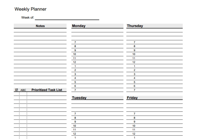Weekly Planner- click to download (SOURCE: vertex42.com)