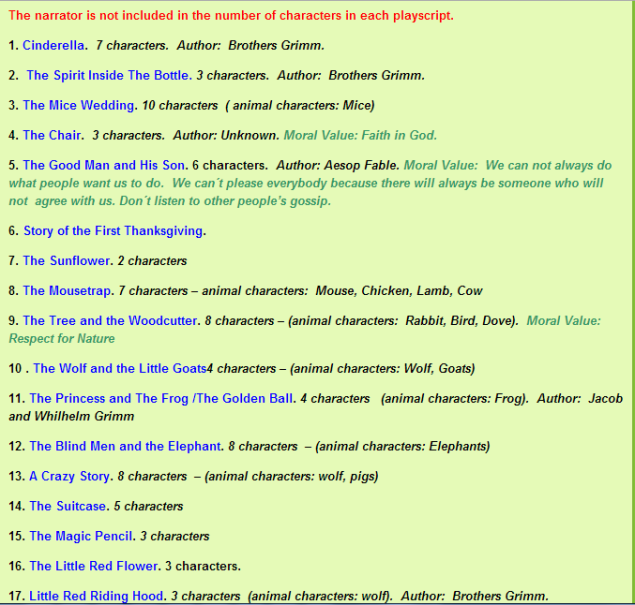 Complete List of Playscripts (SOURCE: kidsinco.com)